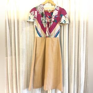 Vintage PBJ Floral Pink and Tan V-Neck Midi Dress